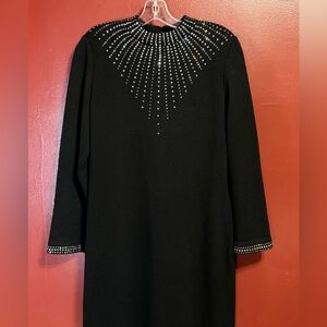 Vintage Wool Knit Maxi Dress Women’s 12 Black Rhinestone Santana Knit Old Money